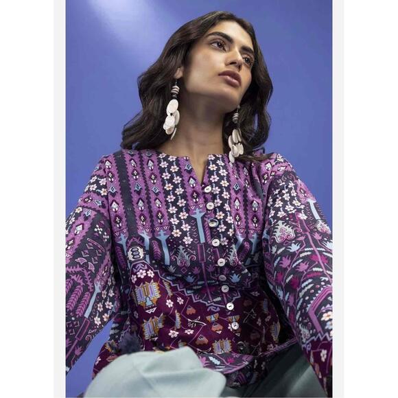 Khaadi Tunic Printed Corduroy Colorful Print ButtonFront Long Sleeve  Size 10 - Picture 1 of 8